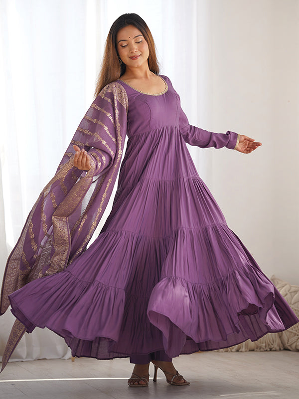 Mauve Layered Plain Anarkali Gown With Pant & Dupatta Set
