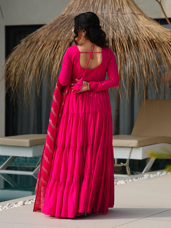 Pink Layered Plain Anarkali Gown With Pant & Dupatta Set