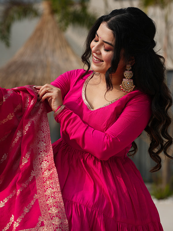 Pink Layered Plain Anarkali Gown With Pant & Dupatta Set