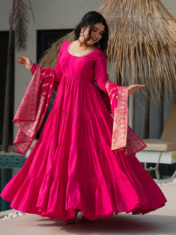 Pink Layered Plain Anarkali Gown With Pant & Dupatta Set