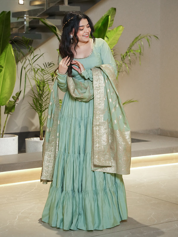 Pista Layered Plain Anarkali Gown With Pant & Dupatta Set