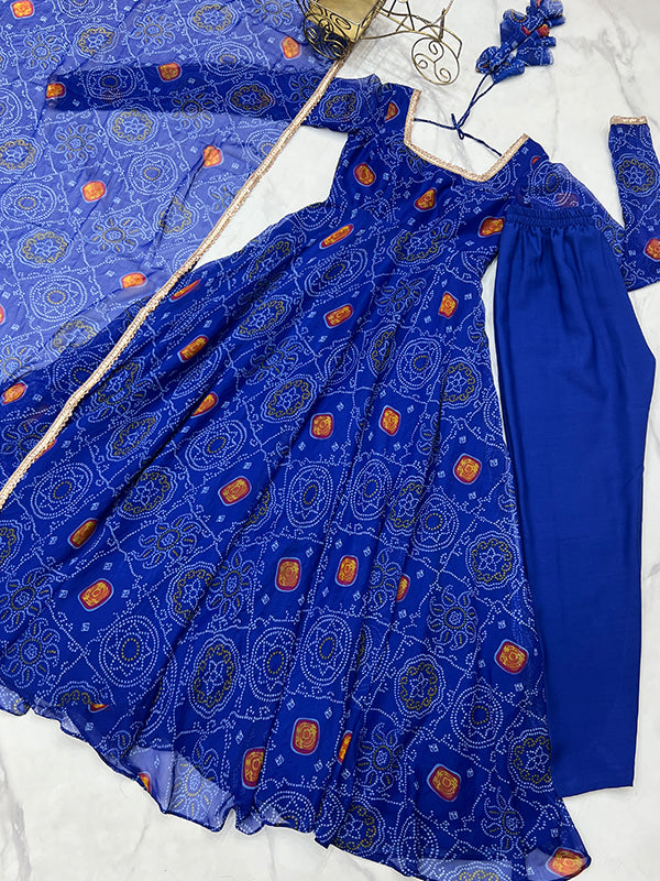 Blue Bandhej Printed Anarkali Gown With Pant & Dupatta Set