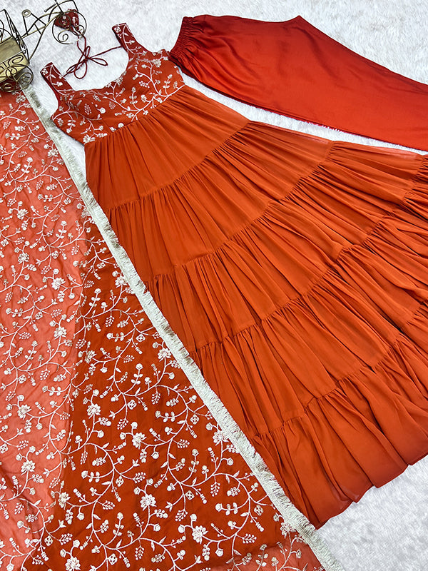 Rust Embroidered Flair Gown With Pant & Dupatta Set