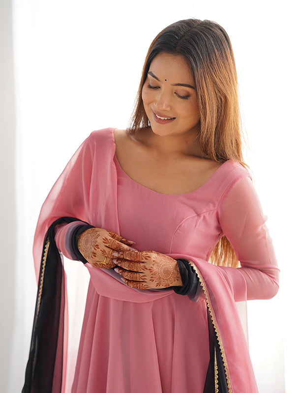Light Pink Colored Anarkali Gown With Pant & Dupatta Set