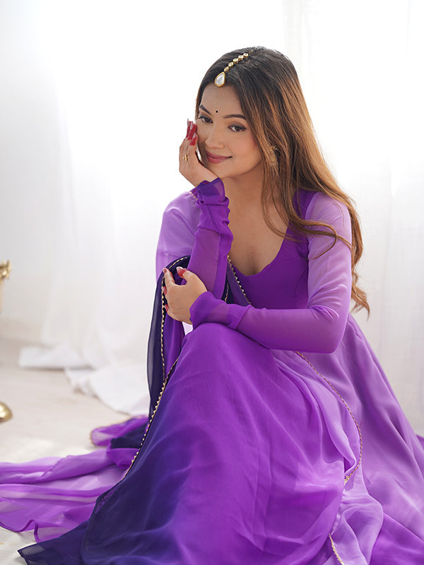 Purple Colored Anarkali Gown With Pant & Dupatta Set