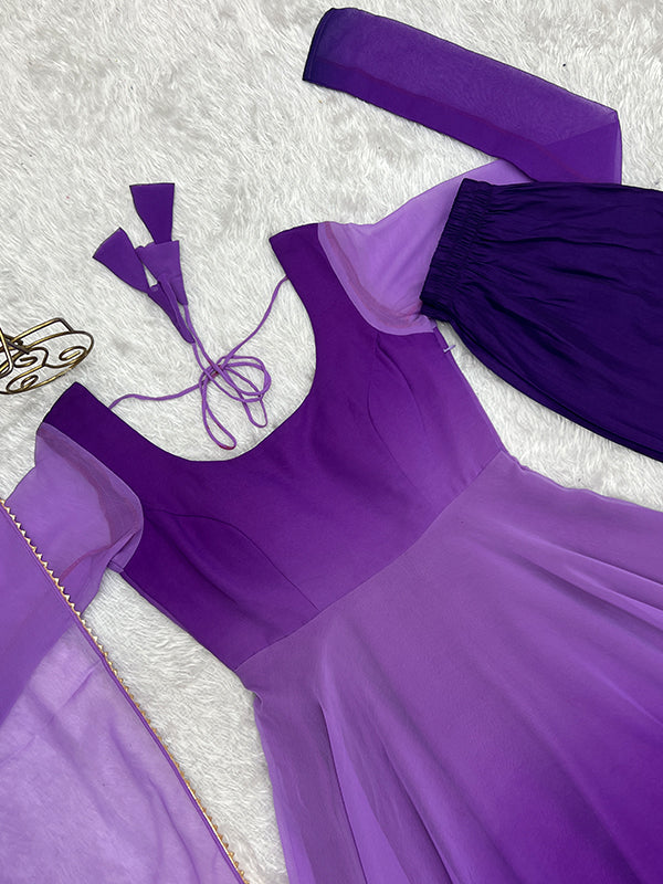 Purple Colored Anarkali Gown With Pant & Dupatta Set