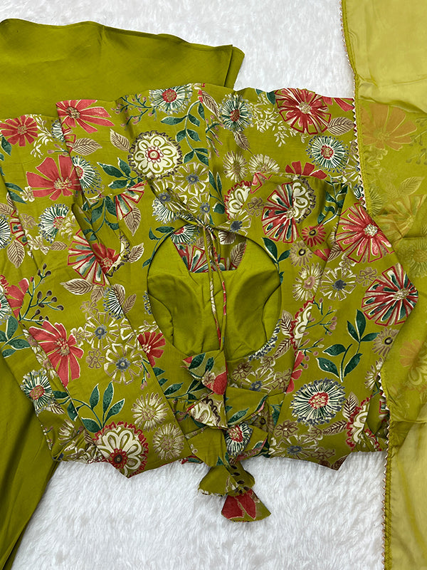 Mahendi Roman Silk Printed Kediya Kurta With Flair Palazzo Dupatta Set