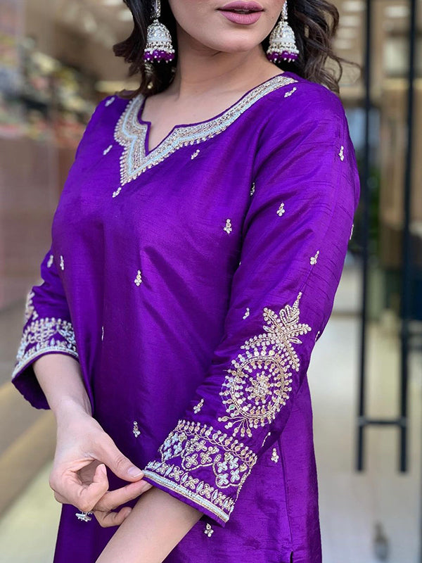 Designer Neck Hand Work Tapeta Silk Kurti With Pant & Dupatta Set