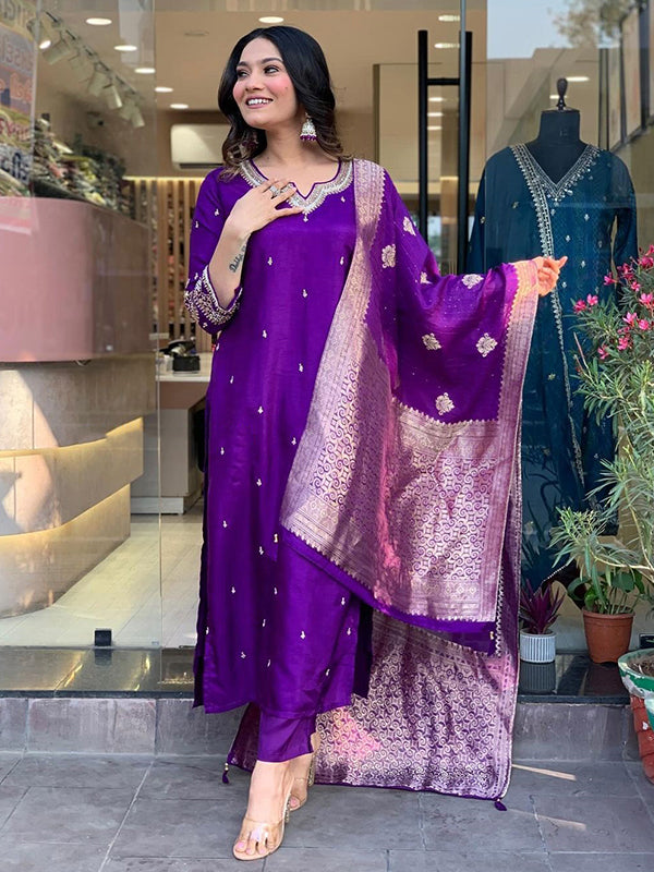 Designer Neck Hand Work Tapeta Silk Kurti With Pant & Dupatta Set