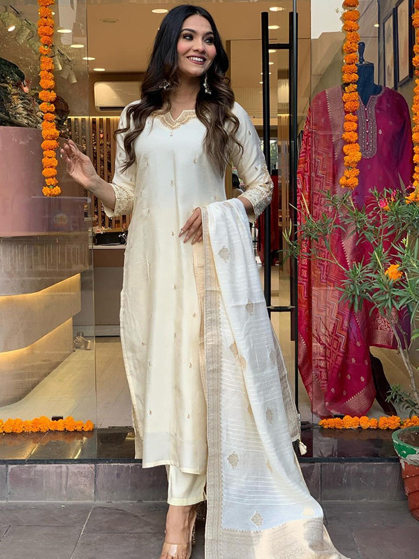 Designer Neck Hand Work Tapeta Silk Kurti With Pant & Dupatta Set