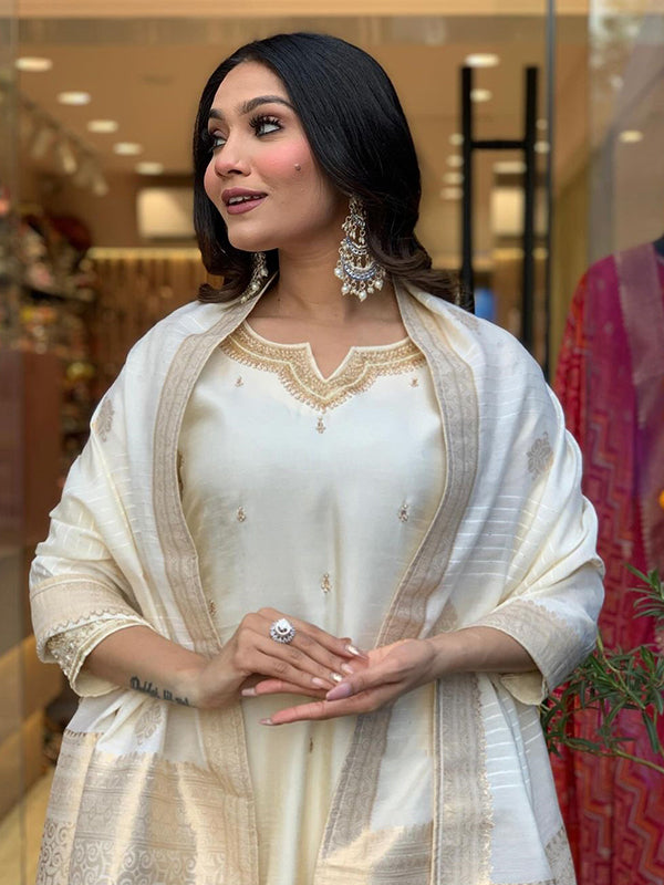 Designer Neck Hand Work Tapeta Silk Kurti With Pant & Dupatta Set