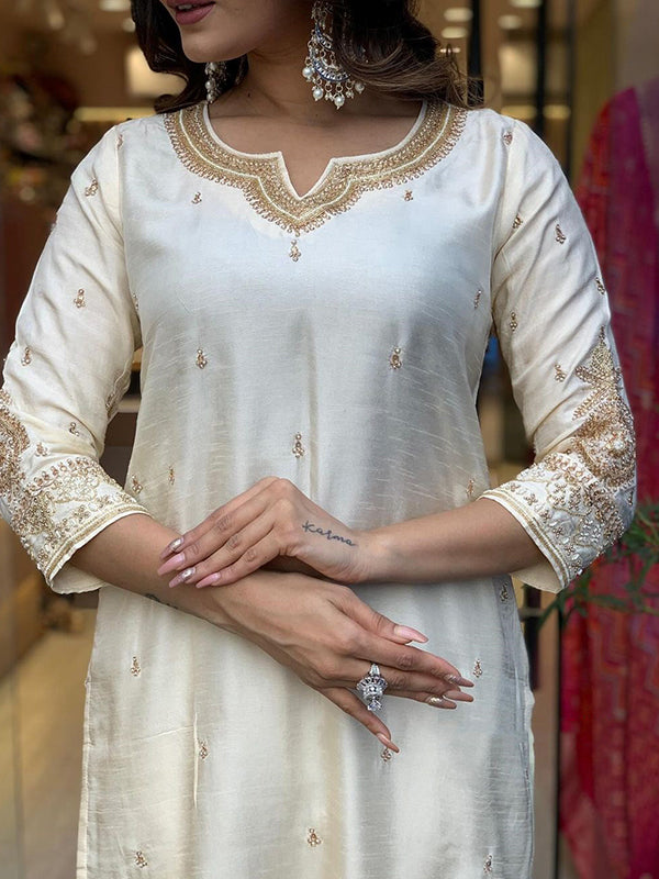 Designer Neck Hand Work Tapeta Silk Kurti With Pant & Dupatta Set