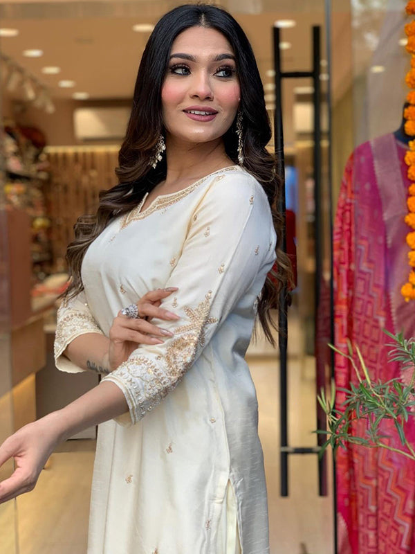 Designer Neck Hand Work Tapeta Silk Kurti With Pant & Dupatta Set