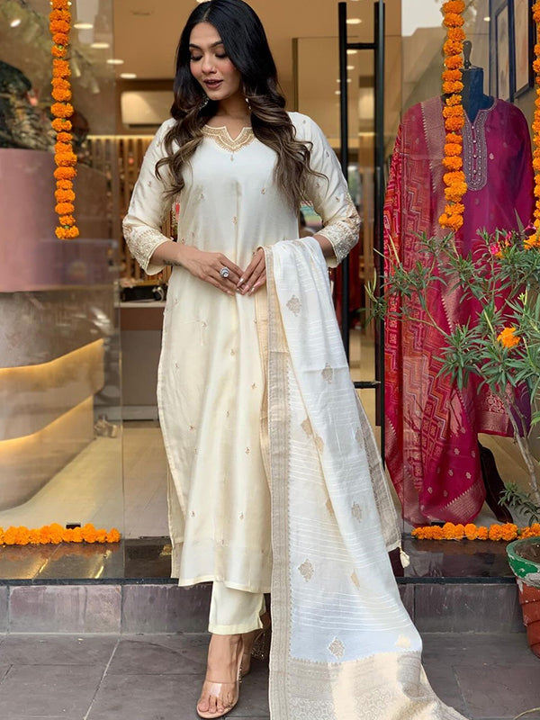 Designer Neck Hand Work Tapeta Silk Kurti With Pant & Dupatta Set