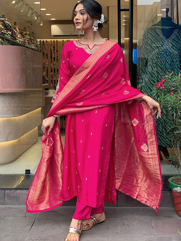 Designer Neck Hand Work Tapeta Silk Kurti With Pant & Dupatta Set