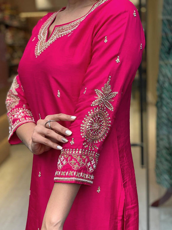 Designer Neck Hand Work Tapeta Silk Kurti With Pant & Dupatta Set