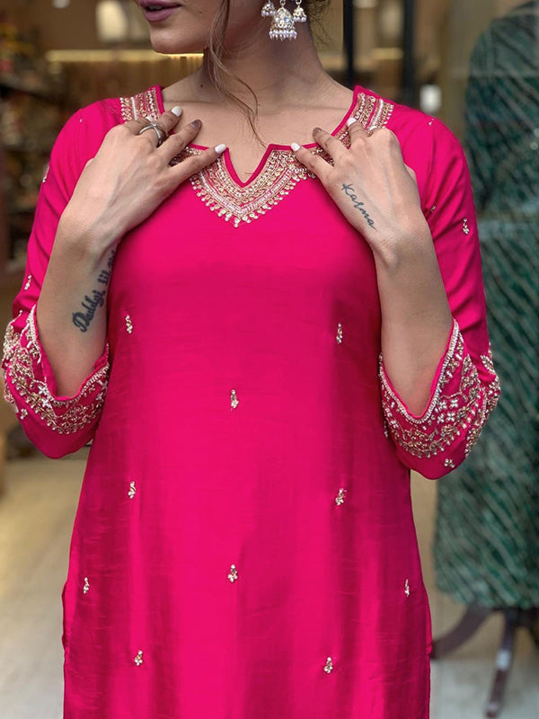 Designer Neck Hand Work Tapeta Silk Kurti With Pant & Dupatta Set