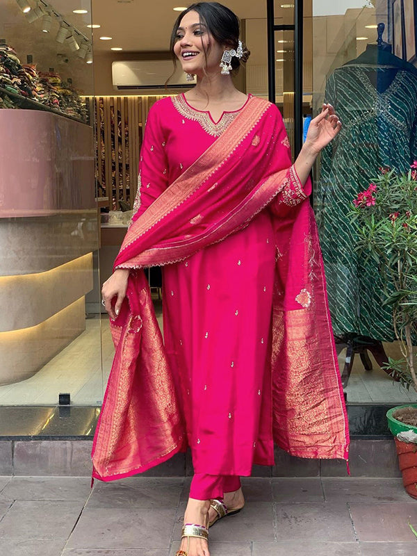 Designer Neck Hand Work Tapeta Silk Kurti With Pant & Dupatta Set