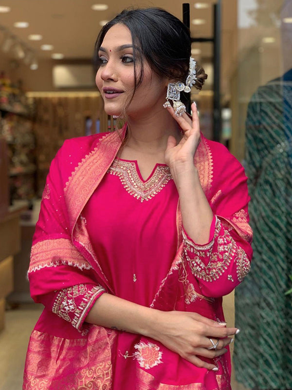 Designer Neck Hand Work Tapeta Silk Kurti With Pant & Dupatta Set
