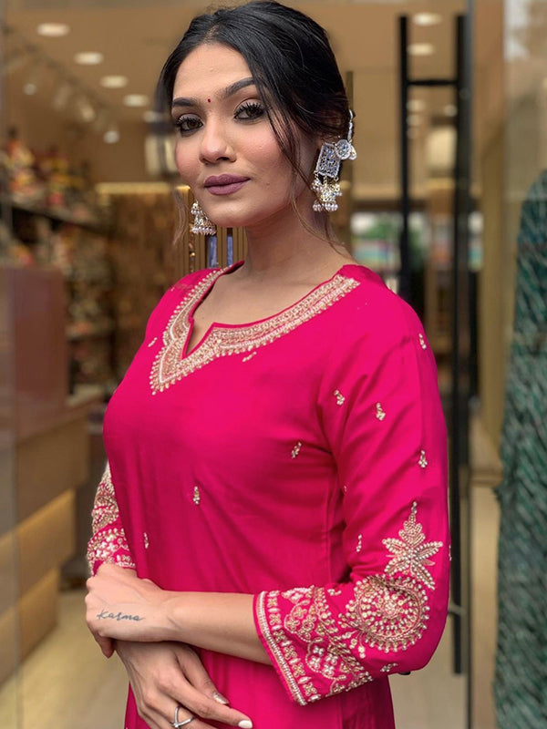 Designer Neck Hand Work Tapeta Silk Kurti With Pant & Dupatta Set