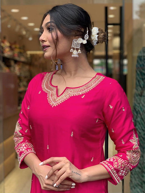 Designer Neck Hand Work Tapeta Silk Kurti With Pant & Dupatta Set
