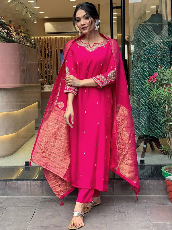 Designer Neck Hand Work Tapeta Silk Kurti With Pant & Dupatta Set