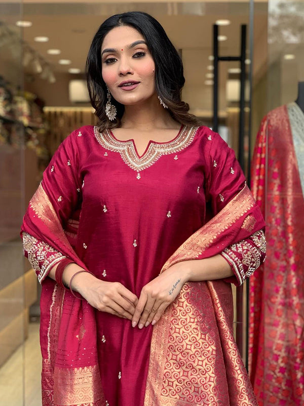Designer Neck Hand Work Tapeta Silk Kurti With Pant & Dupatta Set
