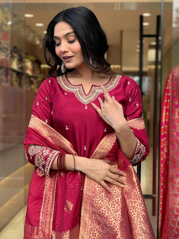 Designer Neck Hand Work Tapeta Silk Kurti With Pant & Dupatta Set