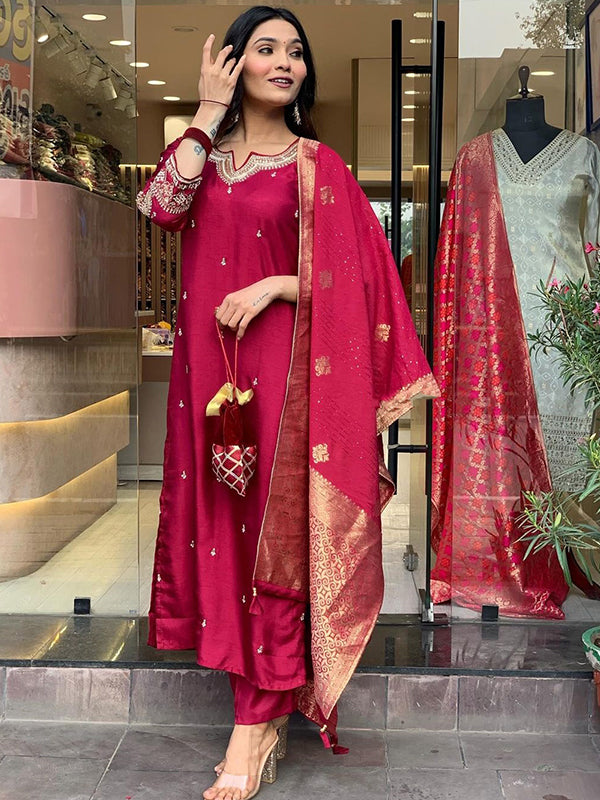 Designer Neck Hand Work Tapeta Silk Kurti With Pant & Dupatta Set