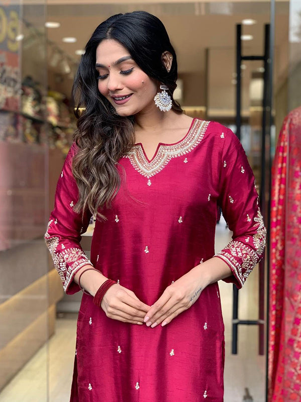 Designer Neck Hand Work Tapeta Silk Kurti With Pant & Dupatta Set