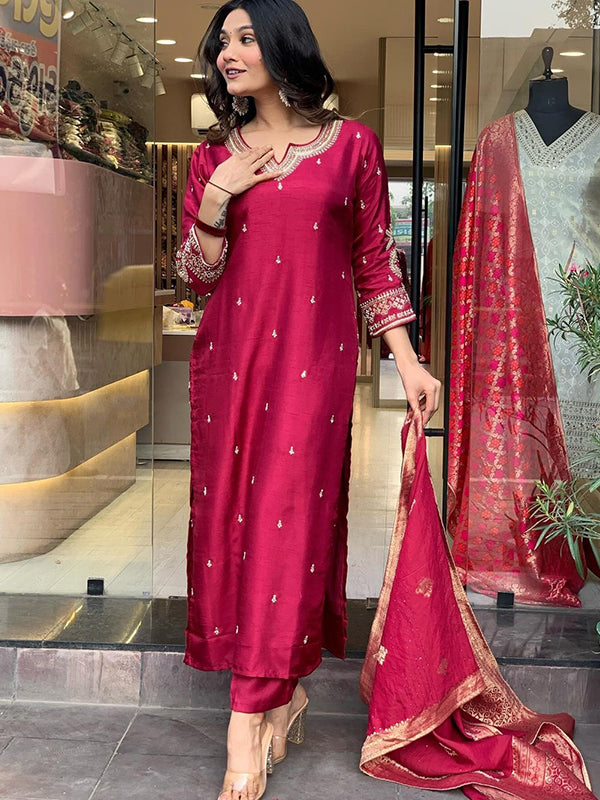 Designer Neck Hand Work Tapeta Silk Kurti With Pant & Dupatta Set