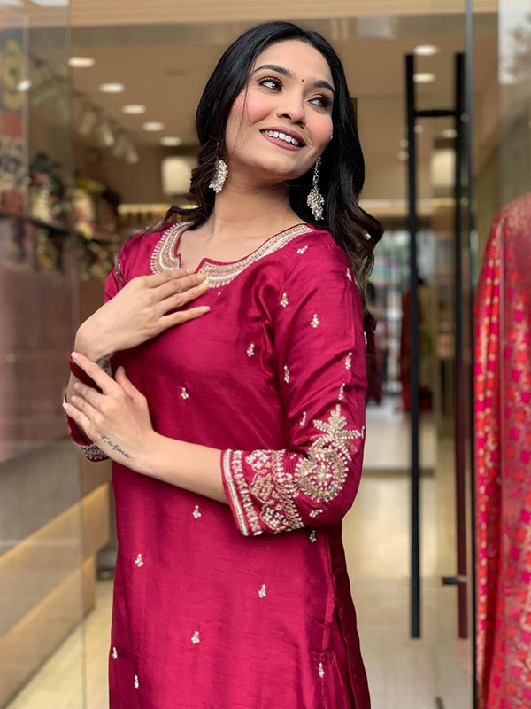 Designer Neck Hand Work Tapeta Silk Kurti With Pant & Dupatta Set