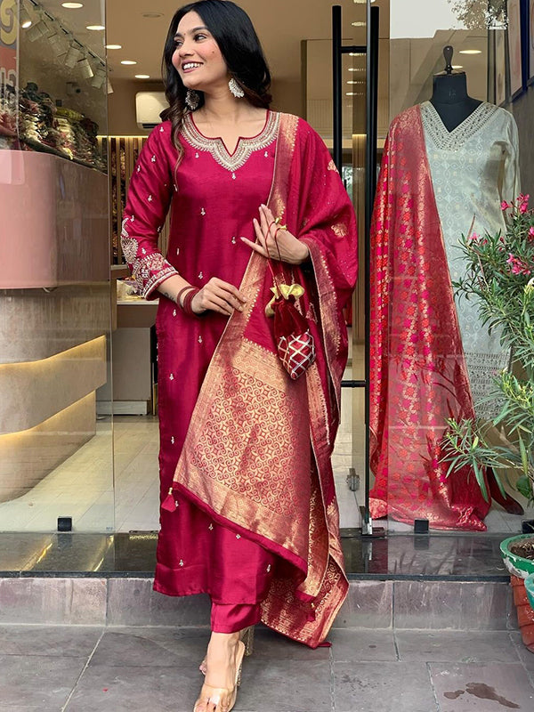 Designer Neck Hand Work Tapeta Silk Kurti With Pant & Dupatta Set